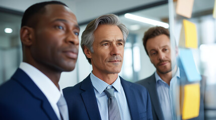 Business professionals brainstorming in front of a transparent glass wall sticky notes scattered across the surface sleek attire and determined expressions bright office