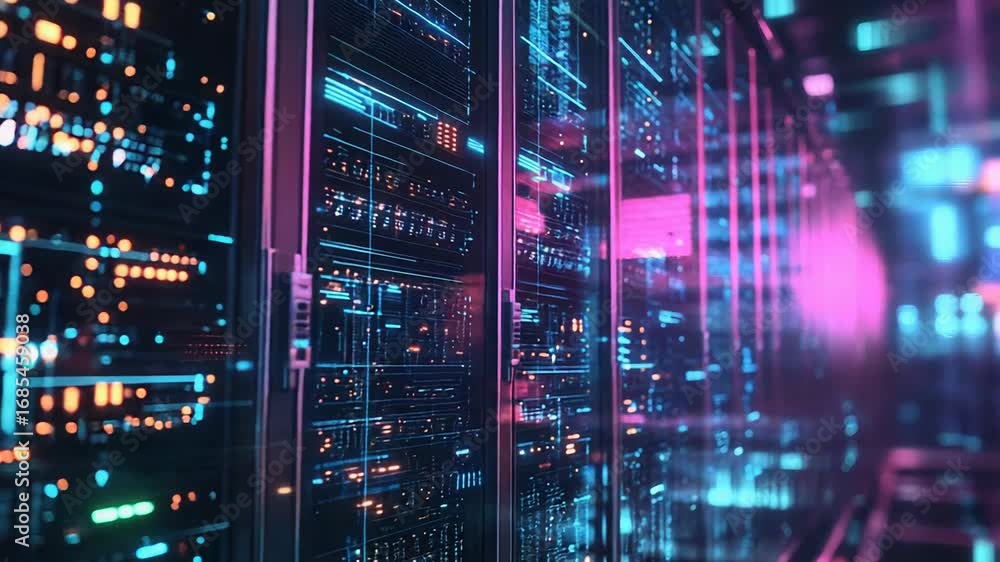 Poster server room data center processing big data showing futuristic technology