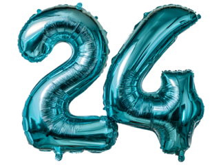 Turquoise Foil Number 24 Balloon Floating on a Transarent Background Decoratio