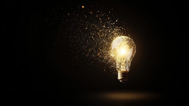 Glowing lightbulb suspended in darkness surrounded by golden particles for an abstract effect, symbolizing inspiration and innovation, ideal for tech or creative industries.