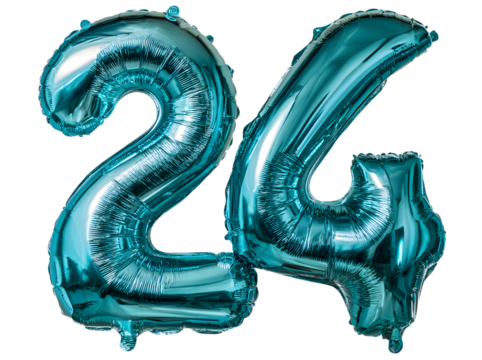 Turquoise Foil Number 24 Balloon Floating on a Transarent Background Decoratio