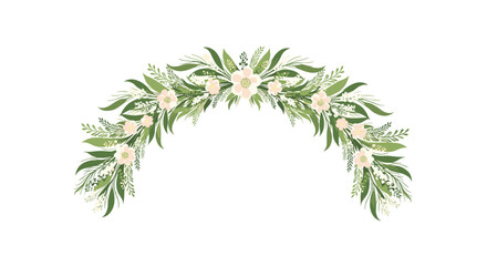 Elegant archway decorated with delicate creamy white flowers and abundant lush greenery
