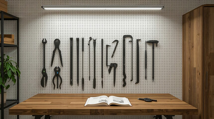 A workbench with tools neatly organized on a pegboard wall, illuminated by a sleek overhead light, with an open book and scissors on the table.
