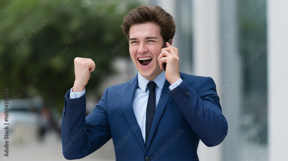 Aufkleber an ecstatic business professional raising arms and shouting with joy after a phone call sharp modern