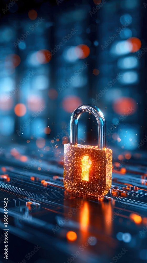 Poster a glowing digital padlock on a circuit board represents cybersecurity and data protection in a high-
