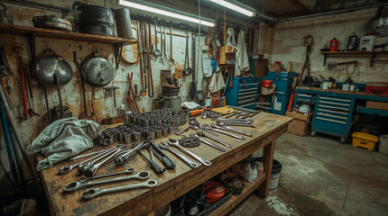A cluttered workbench in a workshop filled with various tools, including wrenches, sockets, and hanging implements, alongside tool chests in the background.
