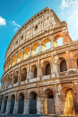 Ancient Roman Colosseum facade, arches, sunlight, stone, grand