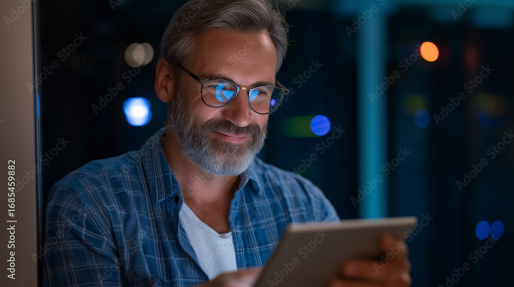 Poster a satisfied engineer coding on a tablet in a server room faint blue glow from server racks reflectin
