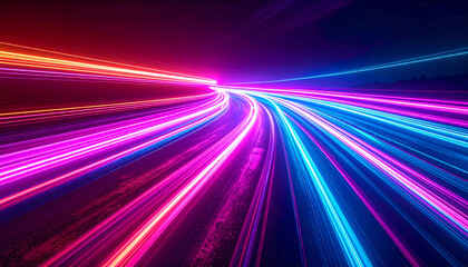 Vibrant Neon Light Streaks Race Through a Digital Highway, Symbolizing Rapid Information Transfer and Modern Connectivity