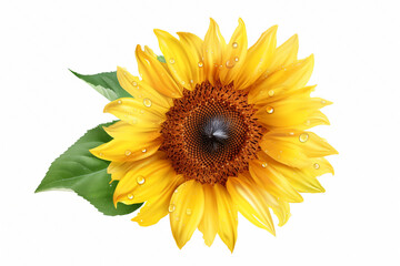 Obraz premium Sunflower with dewdrop isolated on white background