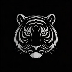 A black and white, stylized illustration of a tiger's head with a metallic, silver appearance.