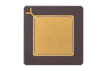 Golden square microchip with a thin black border is isolated. Free space for text.