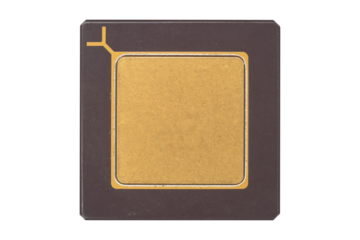 Golden square microchip with a thin black border is isolated. Free space for text.