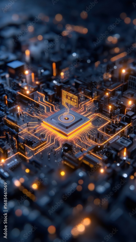 Poster a close-up view of a glowing microchip on a circuit board, showcasing intricate patterns and vibrant