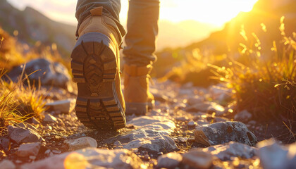 A close-up perspective of rugged hiking boots stepping along a sun-kissed mountain trail during the golden hour, embodying the spirit of wilderness adventure and exploration