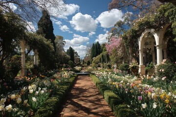 Beautiful formal garden path with tulips, arches, and fountain feature. Use for landscaping, romance, spring, or peaceful retreat concepts.