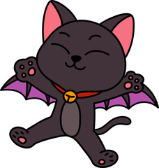 Jumping Bat-Winged Black Cat (Color Outline Illustration)