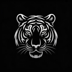 A black and white, stylized illustration of a tiger's head with a metallic, silver appearance.