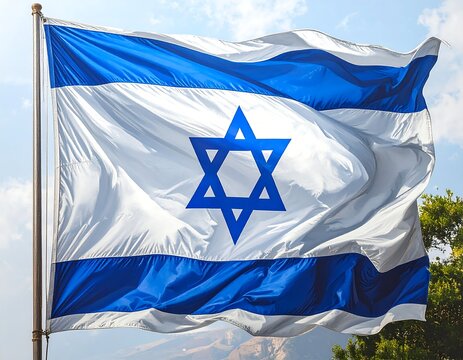Israeli flag billowing in the wind against a partly cloudy sky