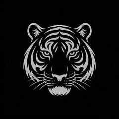 A black and white, stylized illustration of a tiger's head with a metallic, silver appearance.
