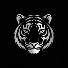 A black and white, stylized illustration of a tiger's head with a metallic, silver appearance.