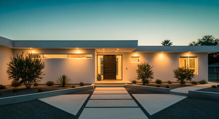 Fototapeta premium Modern Luxury House Exterior Illuminated Dusk Architecture Design