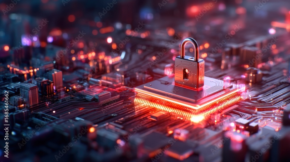 Poster a detailed digital circuit board with a metallic lock at its center, symbolizing cybersecurity and d