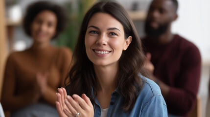 Obraz premium A therapy support group applauding a participant hands clapping with warm smiles participants seated in a safe circle under soft lighting atmosphere symbolizing sobriety