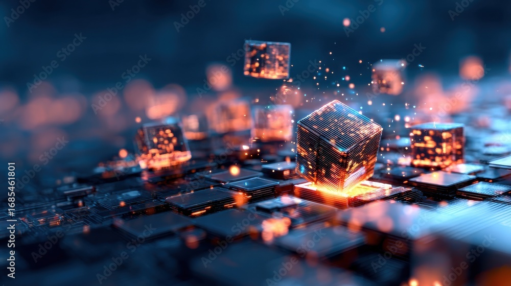 Poster a digital representation of floating cubes above a circuit board, showcasing a futuristic technology