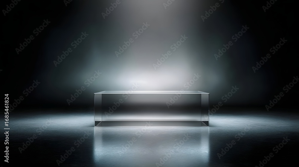 Poster empty transparent display stand with soft dramatic spotlighting on a reflective dark studio floor id