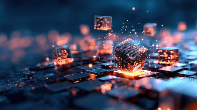 A digital representation of floating cubes above a circuit board, showcasing a futuristic technology theme with glowing elements.