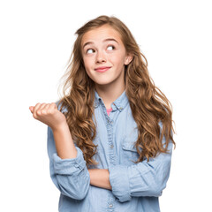 Young woman thinking with confident pose on transparent background
