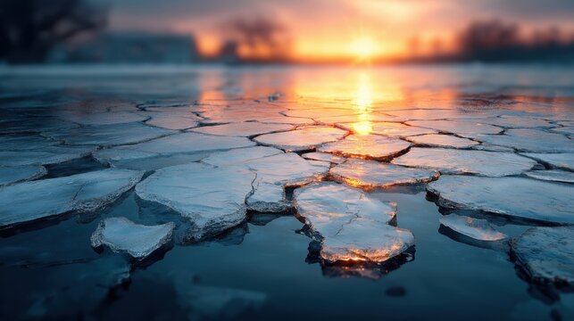 Serene winter sunset over frozen lake with beautiful cracked ice reflecting golden light