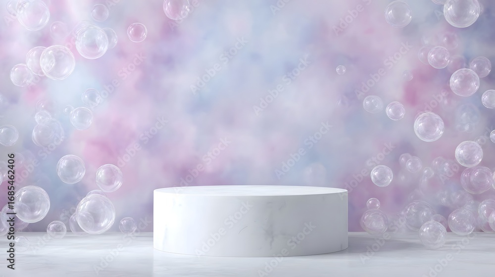 Canvas Prints a pristine white marble podium stands ready for product display surrounded by numerous iridescent so