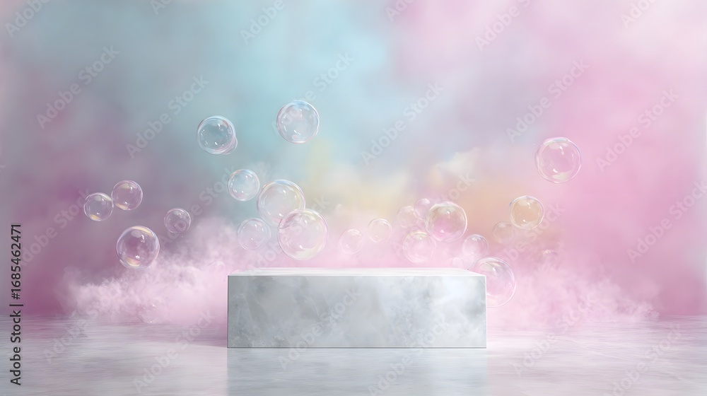 Poster white rectangular podium surrounded by iridescent soap bubbles floating in a soft pastel pink and bl
