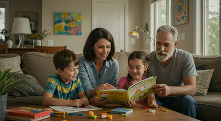 A happy family, including a mother, father, and two young children, reading a storybook together on a living room couch.