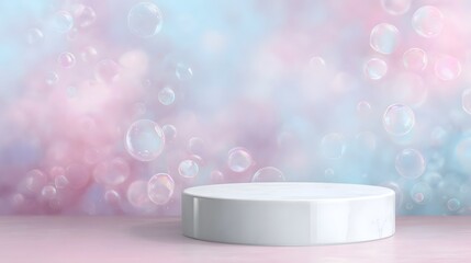 White marble product podium against a dreamy pastel pink and blue background featuring delicate iridescent soap bubbles and soft light