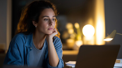 A female student at home attending an online class laptop open on desk with study materials around cozy lamp light highlighting concentration scene symbolizing e learning
