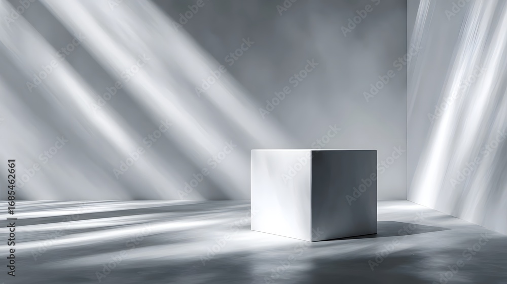 Poster minimalist white cube podium in an abstract studio bathed in dramatic light rays and shadows perfect