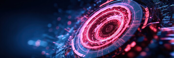 A vibrant digital abstract design featuring concentric circles and glowing elements in red and blue hues, evoking a futuristic technology aesthetic.