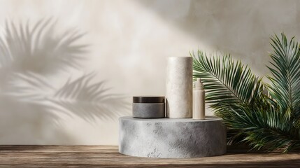 Natural wellness product display with concrete podium cosmetic containers tropical palm leaves and sunlit shadows on a neutral wall
