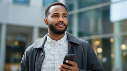 An urban business professional holding a smartphone typing notes for journalism research dressed in modern attire natural daylight illuminating a thoughtful expression