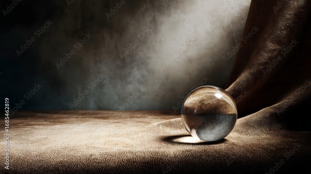 Poster a pristine glass sphere rests on a textured brown fabric surface with a dark smoky background illumi