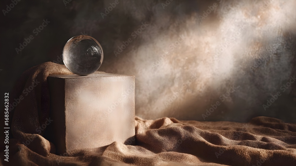 Poster glass sphere on a textured cube podium draped with fabric illuminated by soft warm light in a hazy a
