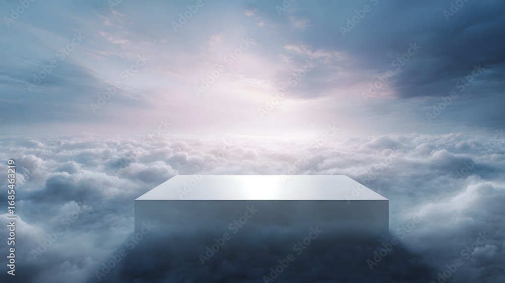 Poster ethereal white podium floating above a vast sea of clouds with glowing sunlight creating a serene an