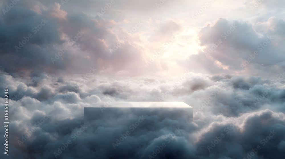 Poster a gleaming reflective podium floats above a vast sea of dreamy clouds bathed in ethereal sunlight cr