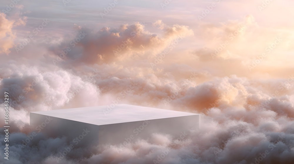 Poster an ethereal white podium floats majestically above soft fluffy clouds bathed in the glowing light of