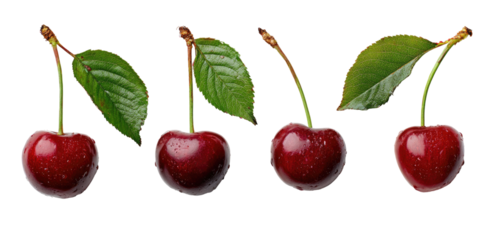 Four fresh cherries with leaves