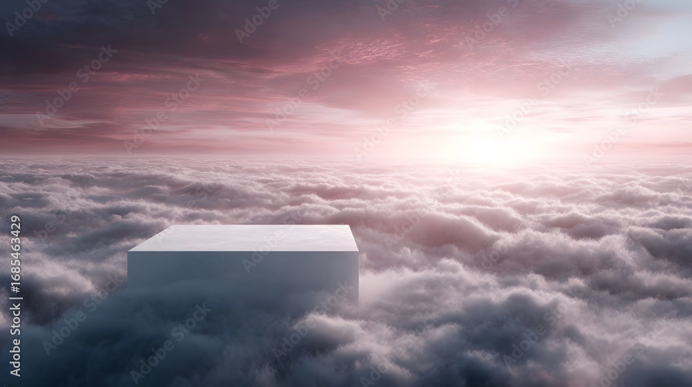 Poster minimalistic white podium floating above an endless expanse of fluffy clouds bathed in the soft glow