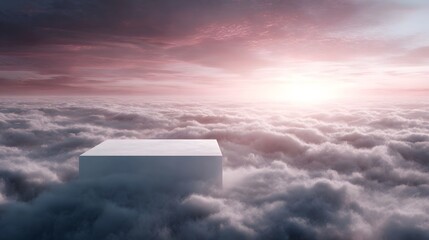 Minimalistic white podium floating above an endless expanse of fluffy clouds bathed in the soft glowing light of a pink and purple sunrise
